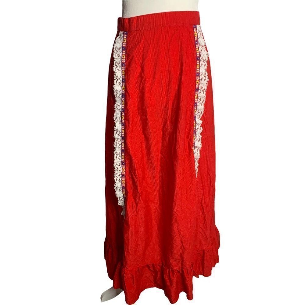 Vintage 70s Soft Corduroy Skirt S Red Lace Ruffle Prairie Cottage Core